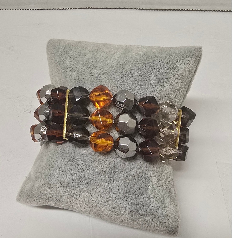 Triple Strand Beaded Stretch Bracelet Amber Smoky Gray Silver Faceted Chunky